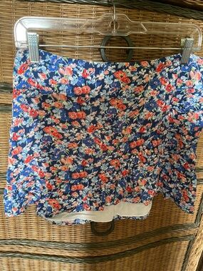 Floral Ruffle Mini Skirt in Navy with Coral & Light Blue Flowers